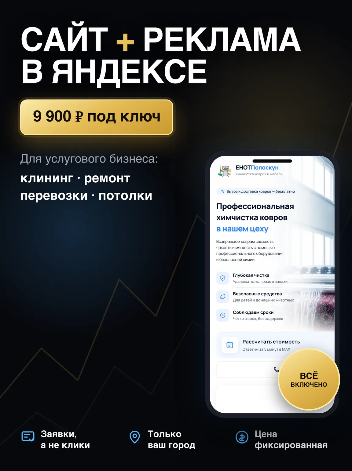 Сайт + реклама в Яндексе за 9 900 ₽ под ключ. Для услугового бизнеса: клининг, ремонт, перевозки, потолки. Заявки, а не клики; только ваш город; цена фиксированная.