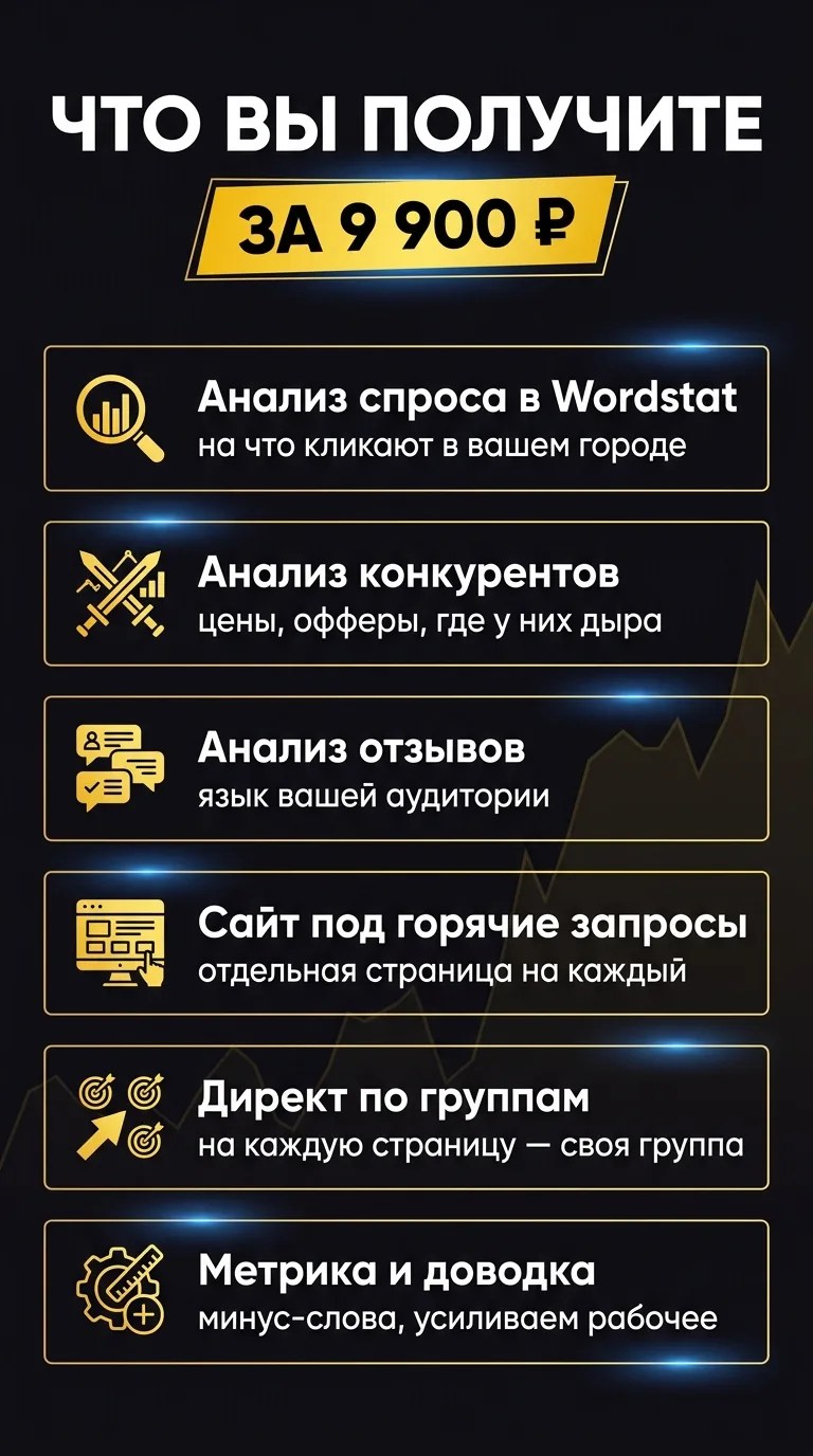 Что вы получите за 9 900 ₽: анализ спроса в Wordstat — на что кликают в вашем городе; анализ конкурентов — цены, офферы, где у них дыра; анализ отзывов — язык вашей аудитории; сайт со страницами под горячие запросы; Яндекс.Директ по группам — на каждую страницу своя группа; Метрика и доводка — минус-слова, усиливаем рабочее.